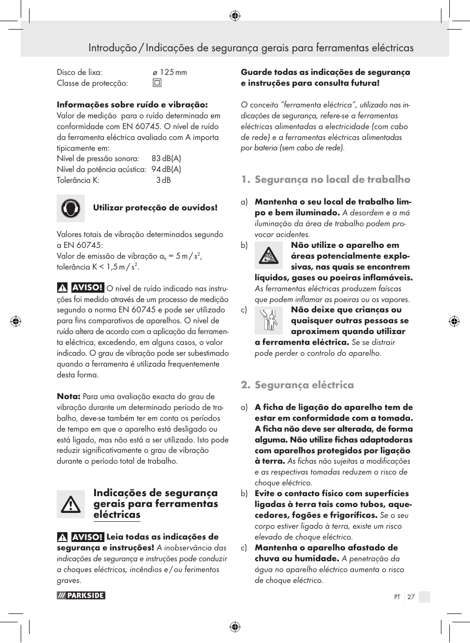 Segurança no local de trabalho, Segurança eléctrica | Parkside PEXS 270 A1 User Manual | Page 26 / 51