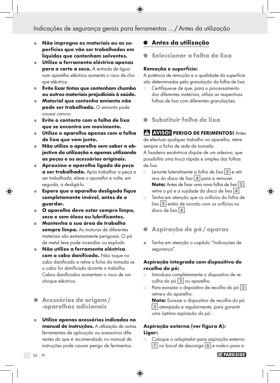 Acessórios de origem / -aparelhos adicionais, Antes da utilização, Seleccionar a folha de lixa | Substituir folha de lixa, Aspiração de pó / aparas | Parkside PEXS 270 A1 User Manual | Page 29 / 51