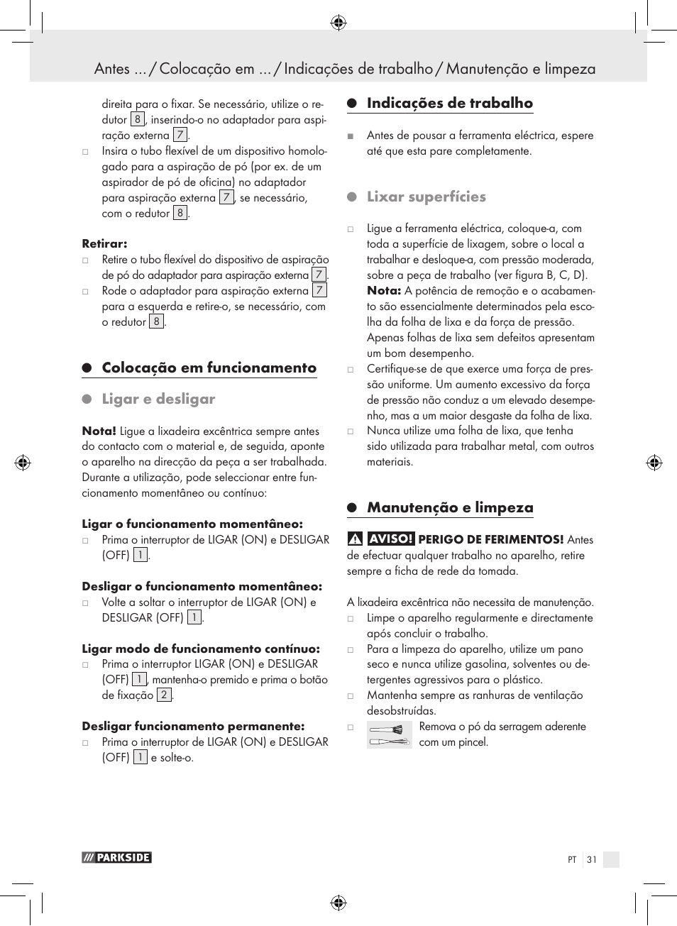 Colocação em funcionamento, Ligar e desligar, Indicações de trabalho | Lixar superfícies, Manutenção e limpeza | Parkside PEXS 270 A1 User Manual | Page 30 / 51