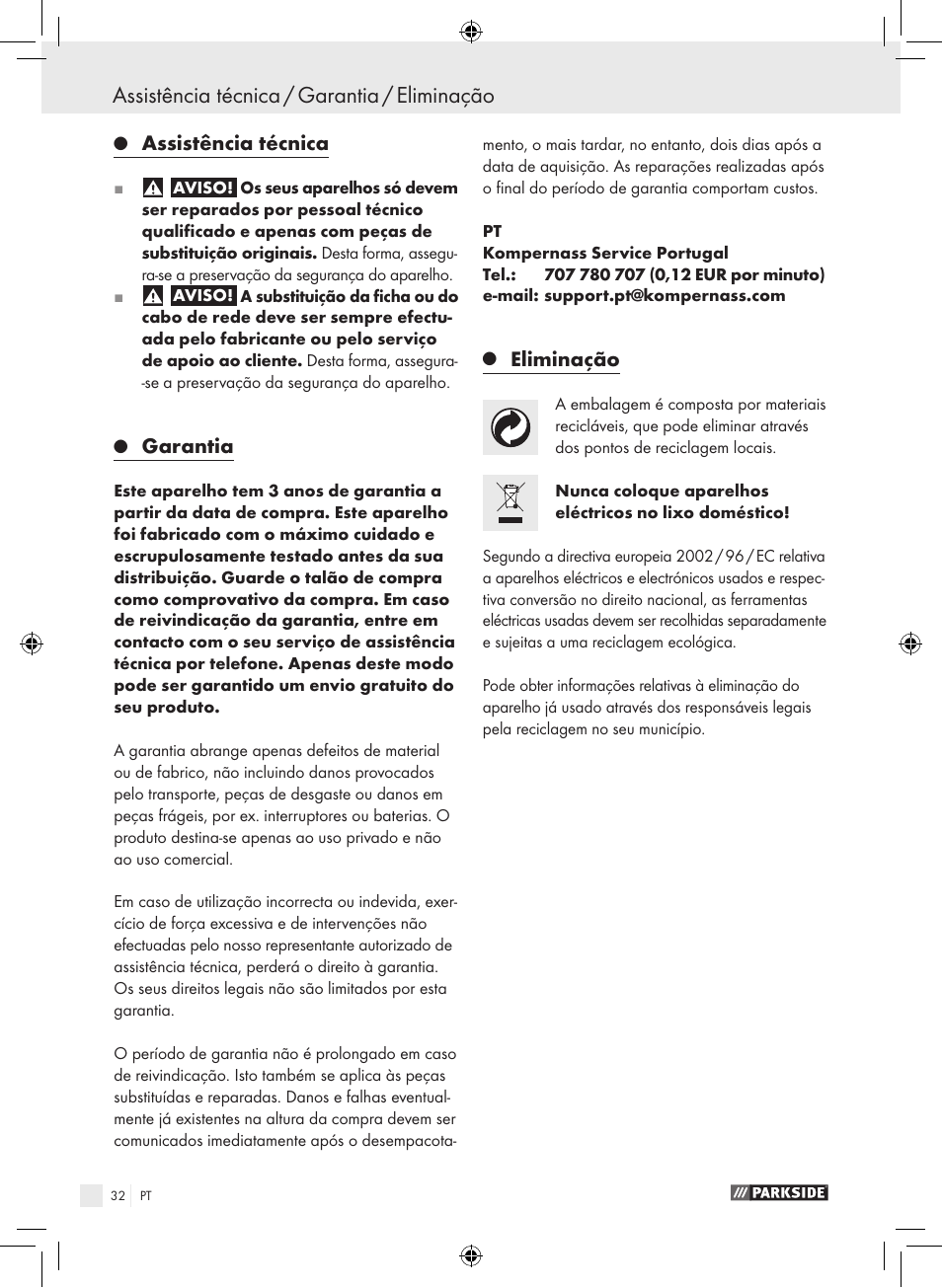 Assistência técnica / garantia / eliminação, Assistência técnica, Garantia | Eliminação | Parkside PEXS 270 A1 User Manual | Page 31 / 51