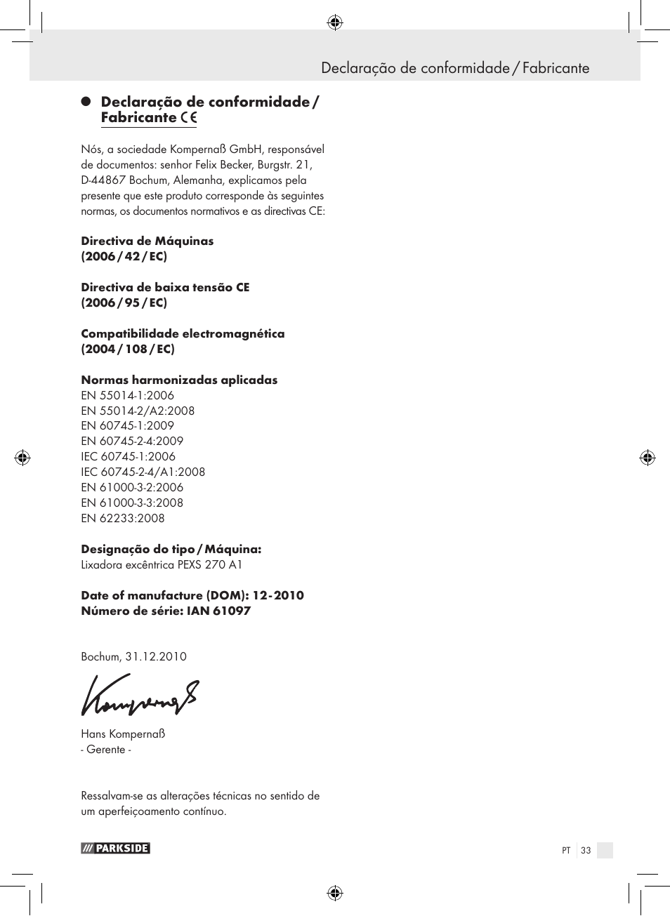 Declaração de conformidade / fabricante | Parkside PEXS 270 A1 User Manual | Page 32 / 51