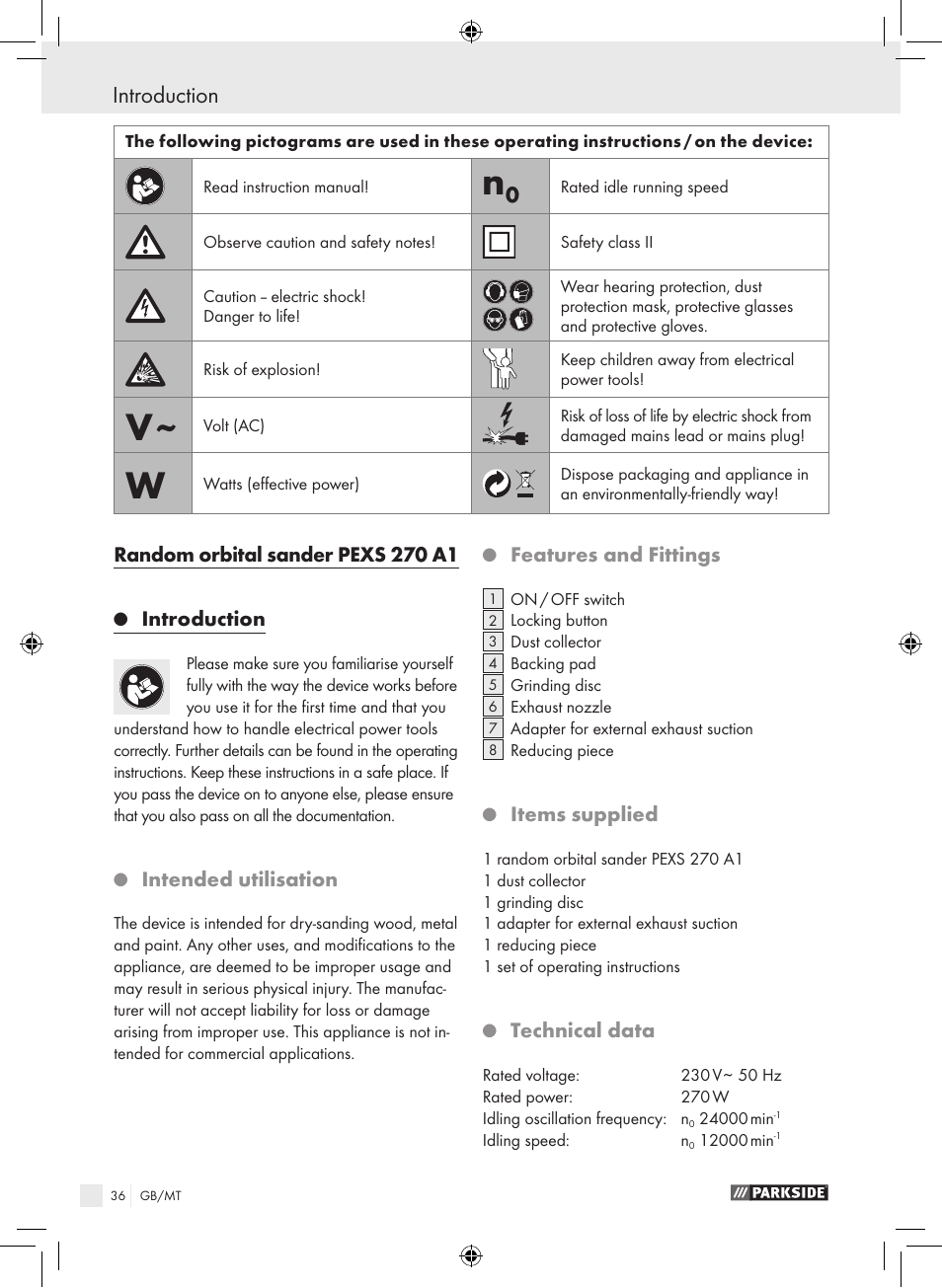 Random orbital sander pexs 270 a1, Introduction, Intended utilisation | Features and fittings, Items supplied, Technical data | Parkside PEXS 270 A1 User Manual | Page 35 / 51