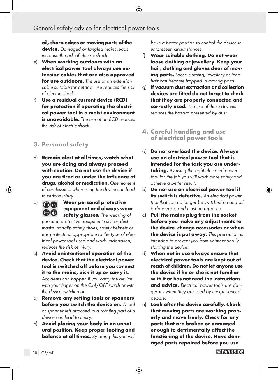 General safety advice for electrical power tools, Personal safety, Careful handling and use of electrical power tools | Parkside PEXS 270 A1 User Manual | Page 37 / 51