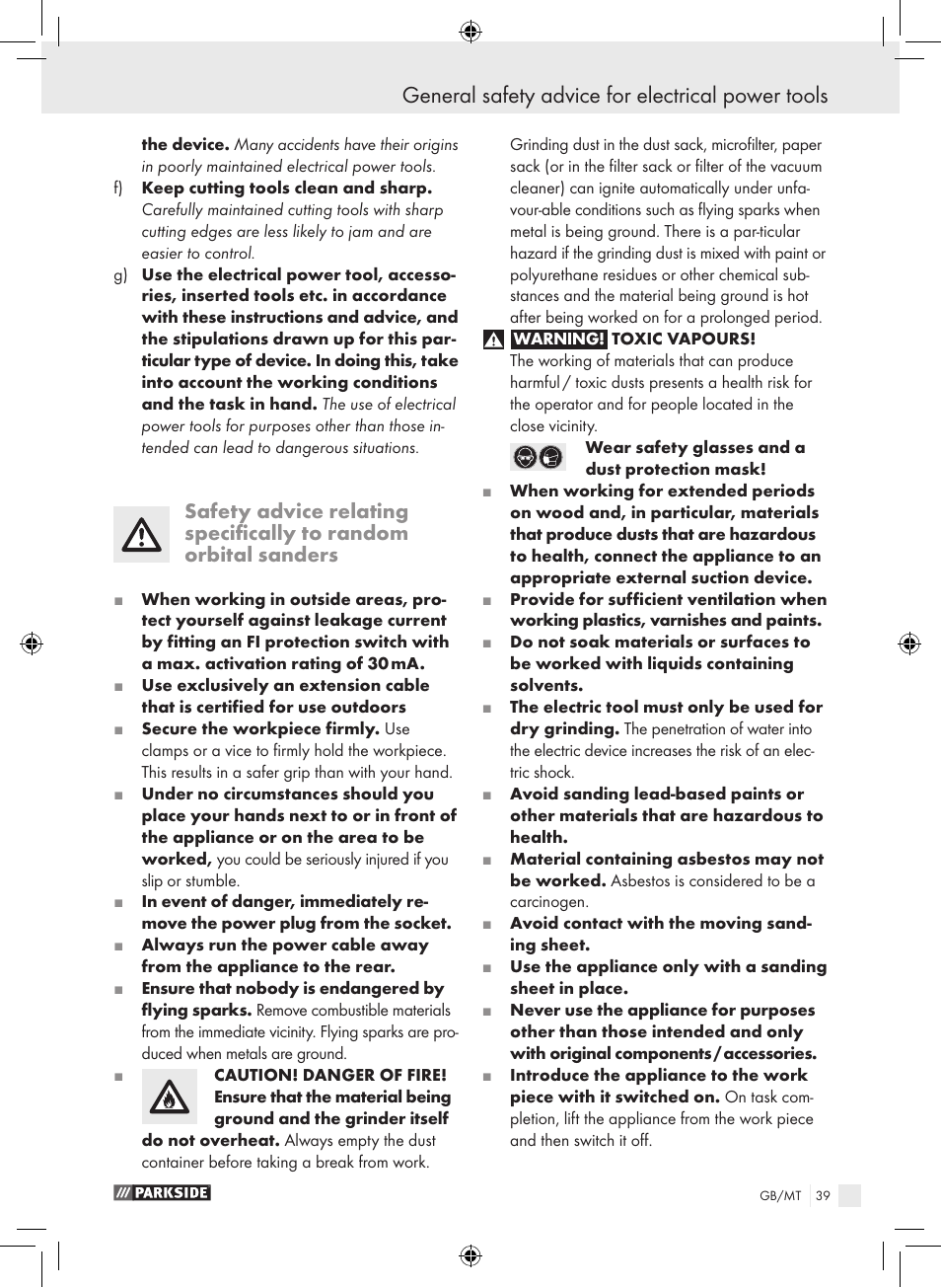 General safety advice for electrical power tools | Parkside PEXS 270 A1 User Manual | Page 38 / 51