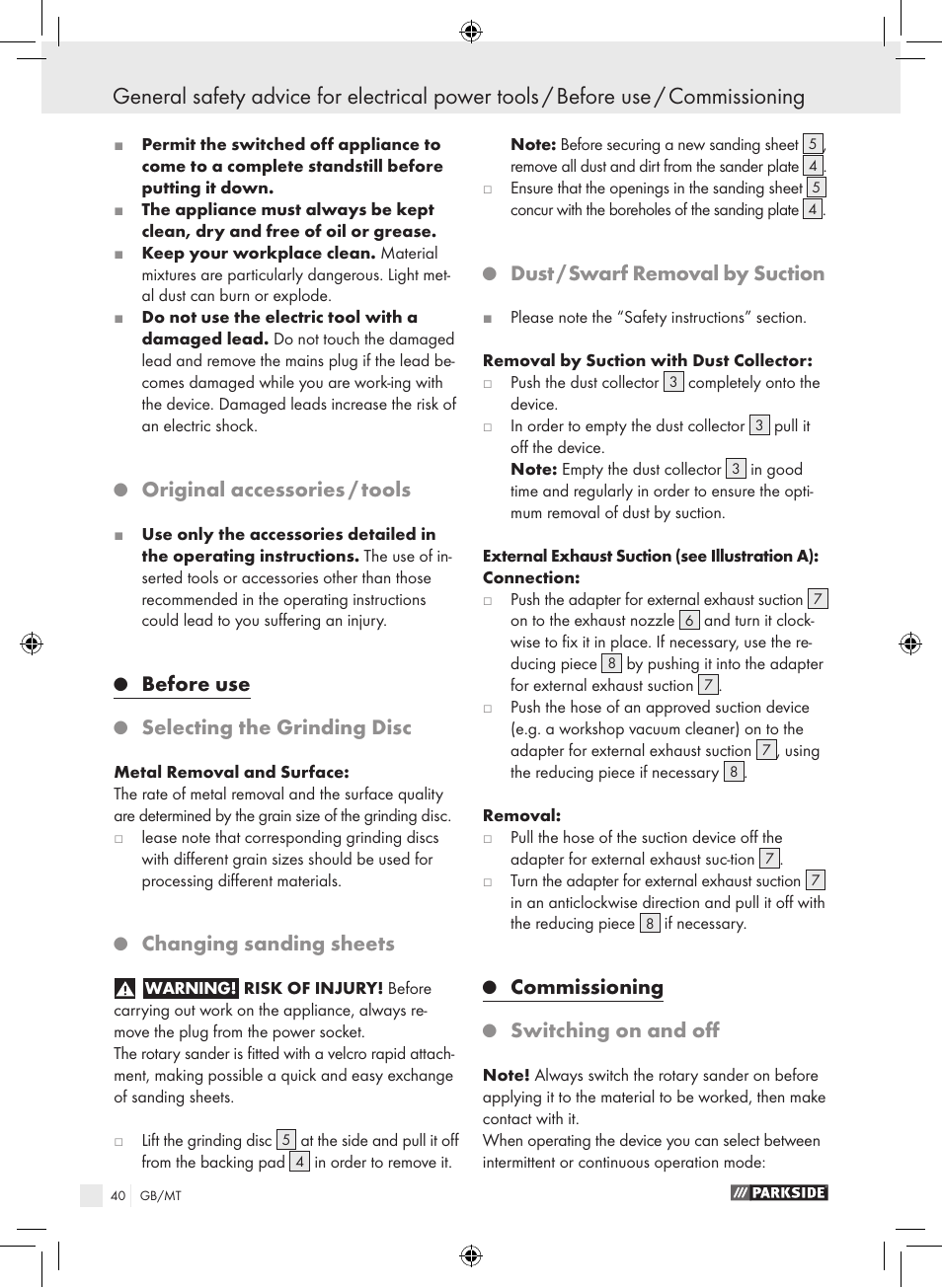 Original accessories / tools, Before use, Selecting the grinding disc | Changing sanding sheets, Dust / swarf removal by suction, Commissioning, Switching on and off | Parkside PEXS 270 A1 User Manual | Page 39 / 51