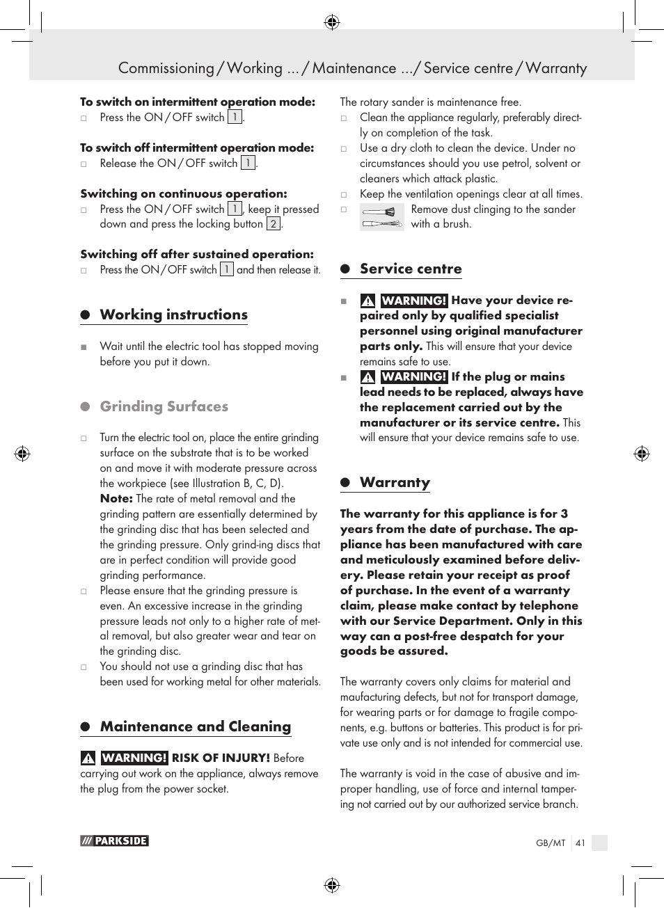 Working instructions, Grinding surfaces, Maintenance and cleaning | Service centre, Warranty | Parkside PEXS 270 A1 User Manual | Page 40 / 51