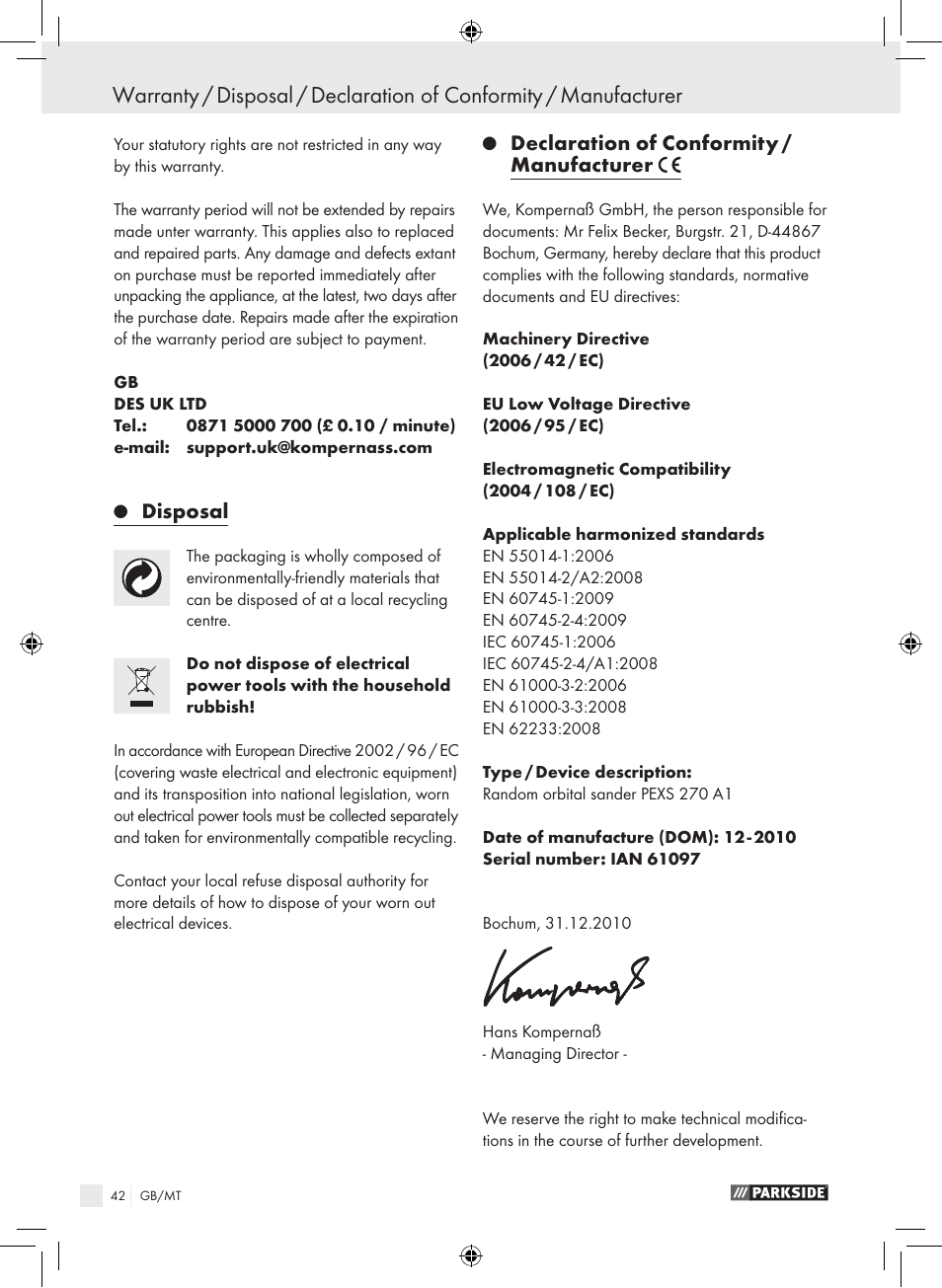 Disposal, Declaration of conformity / manufacturer | Parkside PEXS 270 A1 User Manual | Page 41 / 51