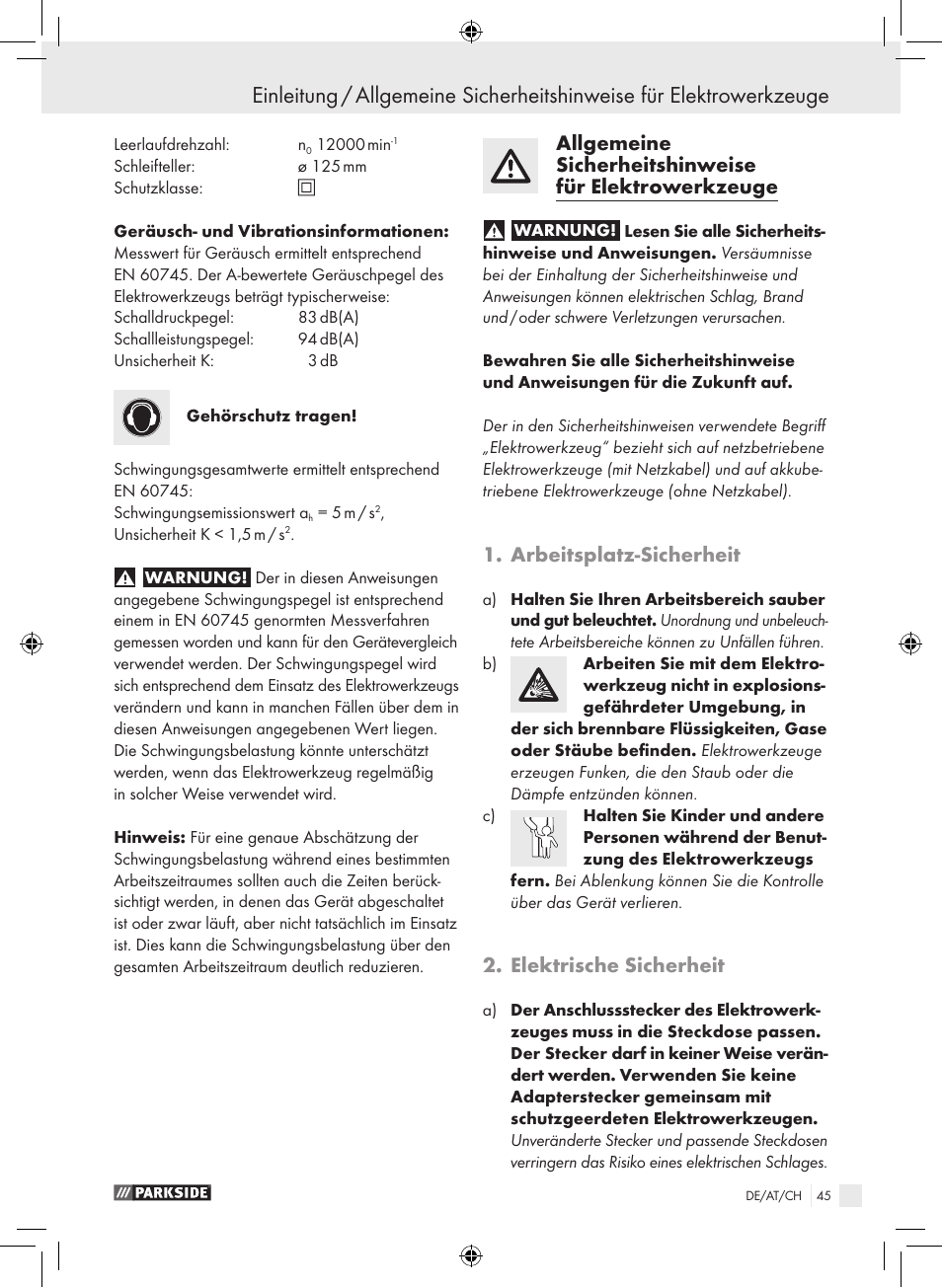 Arbeitsplatz-sicherheit, Elektrische sicherheit | Parkside PEXS 270 A1 User Manual | Page 44 / 51