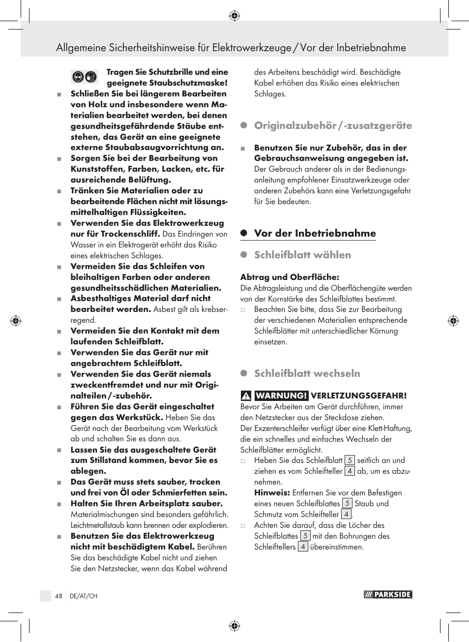 Originalzubehör / -zusatzgeräte, Vor der inbetriebnahme, Schleifblatt wählen | Schleifblatt wechseln | Parkside PEXS 270 A1 User Manual | Page 47 / 51