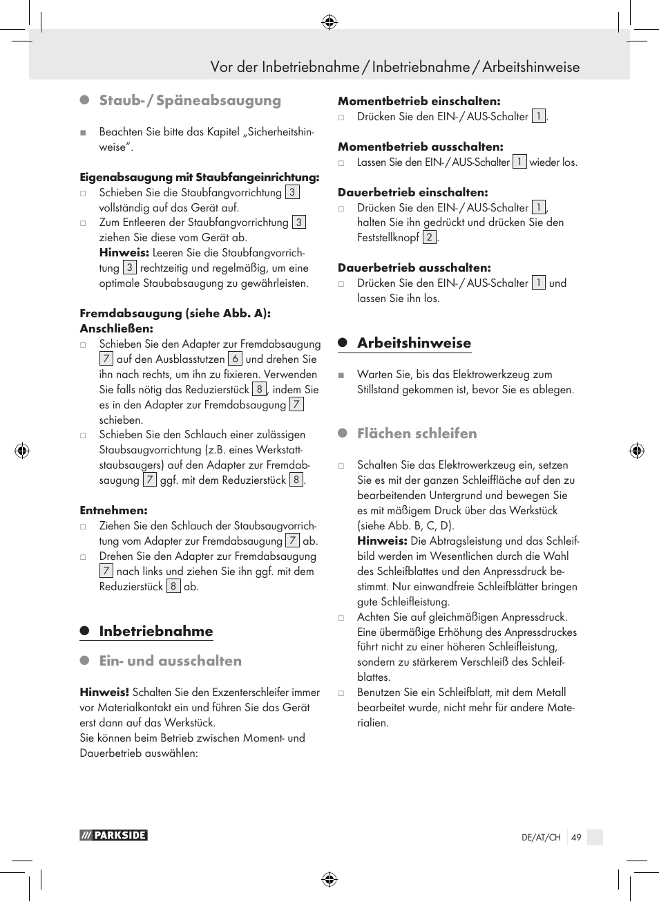 Staub- / späneabsaugung, Inbetriebnahme, Ein- und ausschalten | Arbeitshinweise, Flächen schleifen | Parkside PEXS 270 A1 User Manual | Page 48 / 51