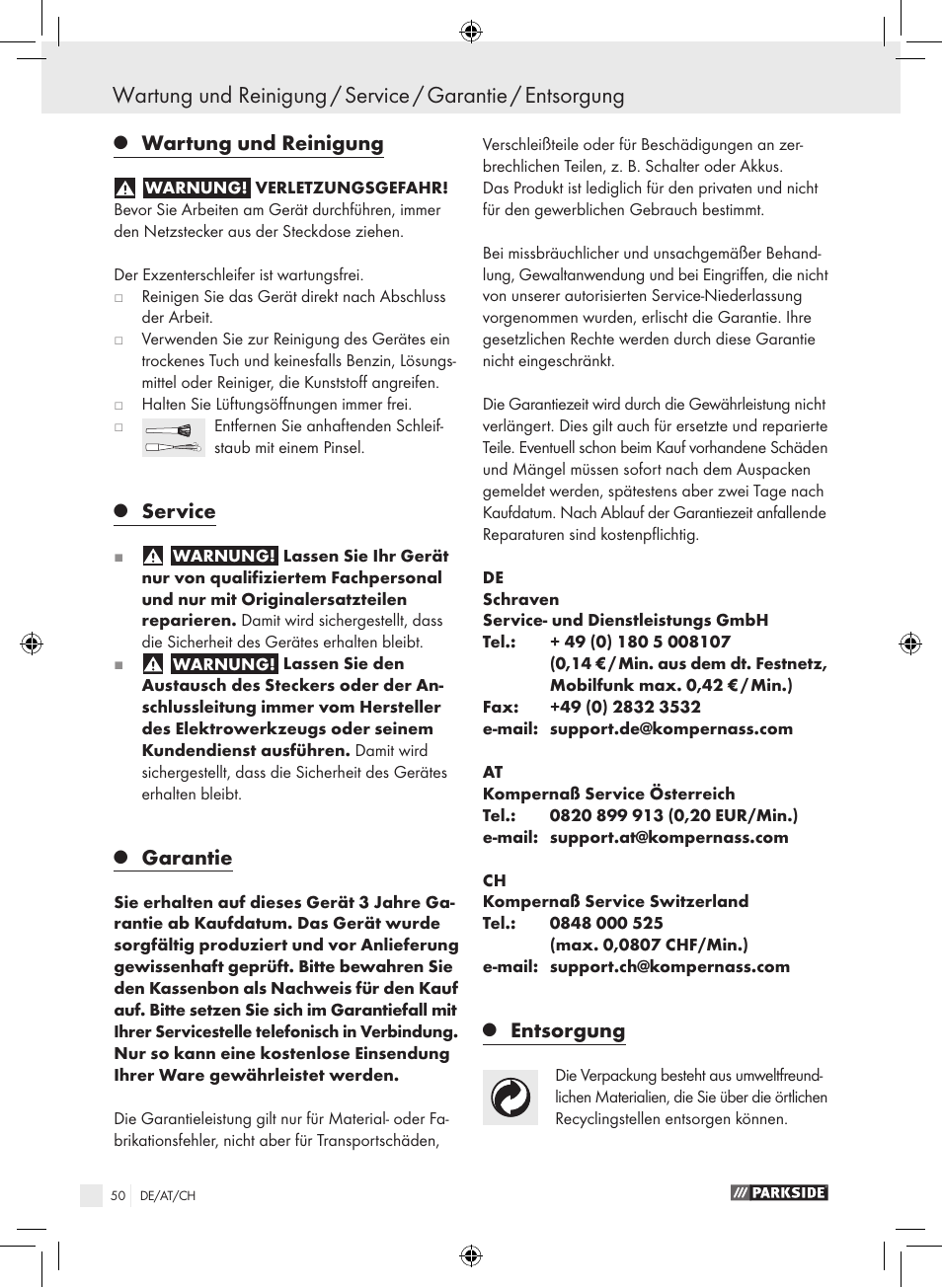 Wartung und reinigung, Service, Garantie | Entsorgung | Parkside PEXS 270 A1 User Manual | Page 49 / 51