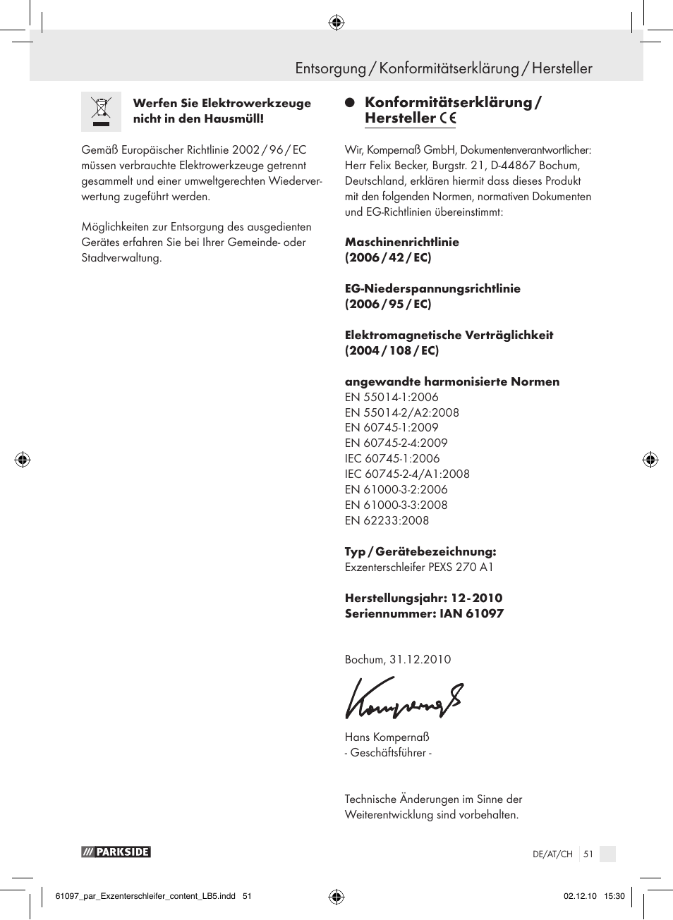 Entsorgung / konformitätserklärung / hersteller, Konformitätserklärung / hersteller | Parkside PEXS 270 A1 User Manual | Page 50 / 51
