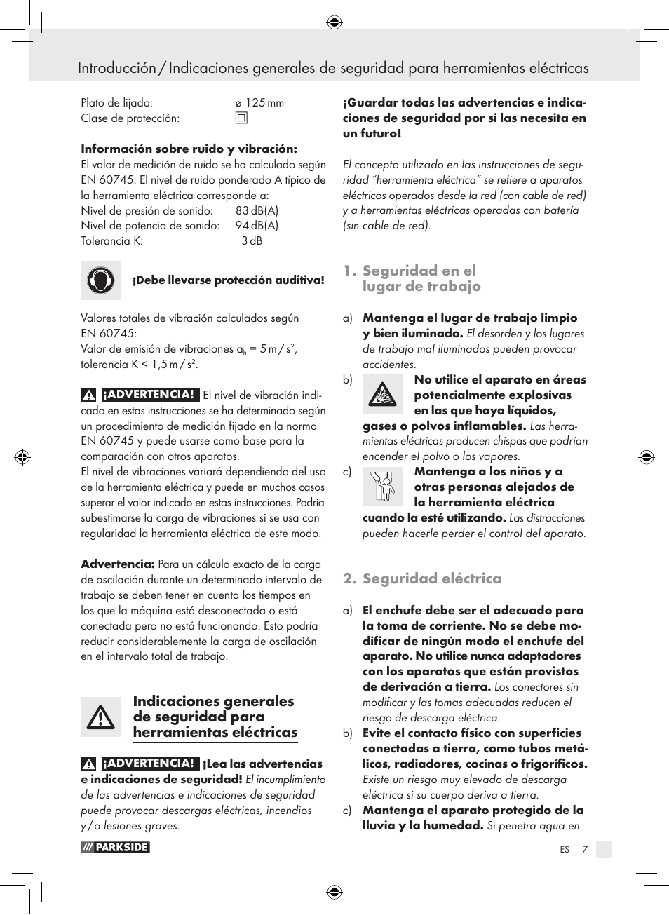 Seguridad en el lugar de trabajo, Seguridad eléctrica | Parkside PEXS 270 A1 User Manual | Page 6 / 51