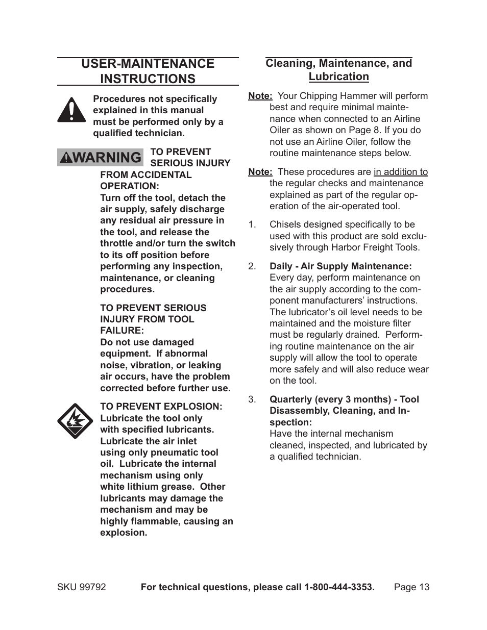 User-maintenance instructions | Harbor Freight Tools Model 99792 User Manual | Page 13 / 17