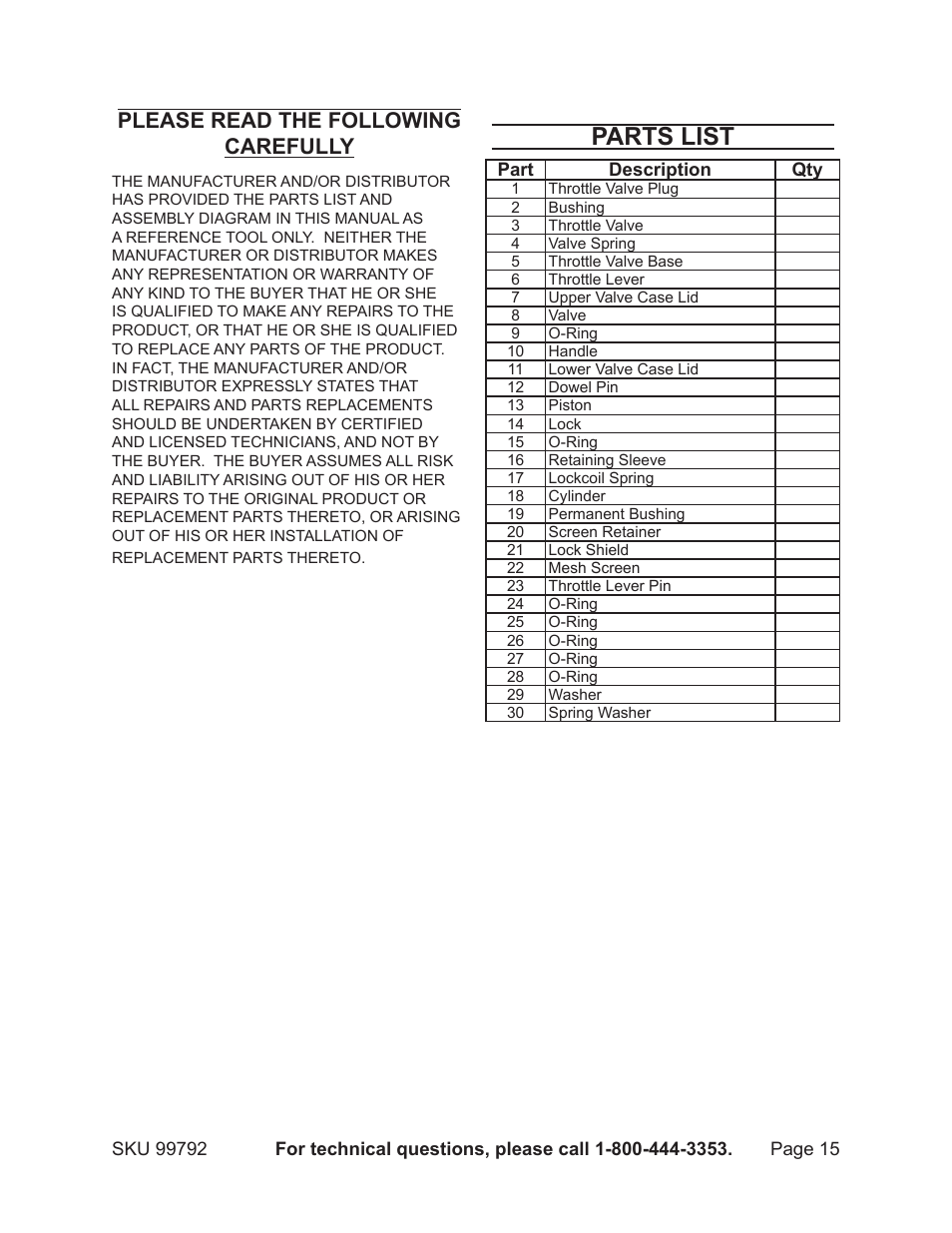 Parts list, Please read the following carefully | Harbor Freight Tools Model 99792 User Manual | Page 15 / 17