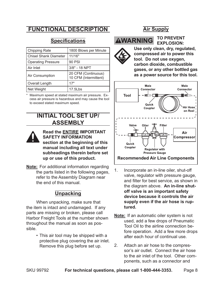 Functional description, Initial tool set up/ assembly | Harbor Freight Tools Model 99792 User Manual | Page 8 / 17