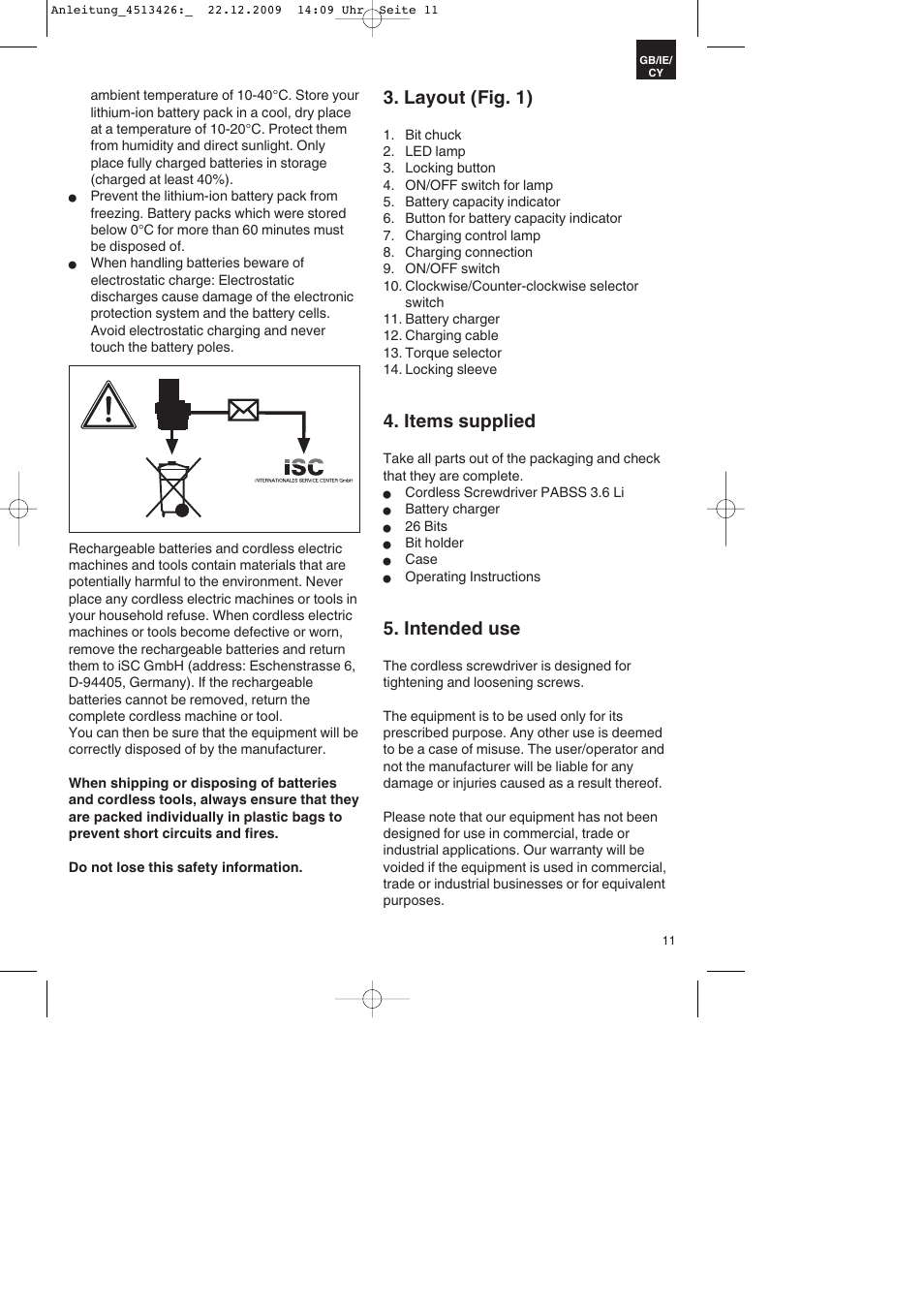 Layout (fig. 1), Items supplied, Intended use | Parkside PABSS 3,6 Li User Manual | Page 11 / 20