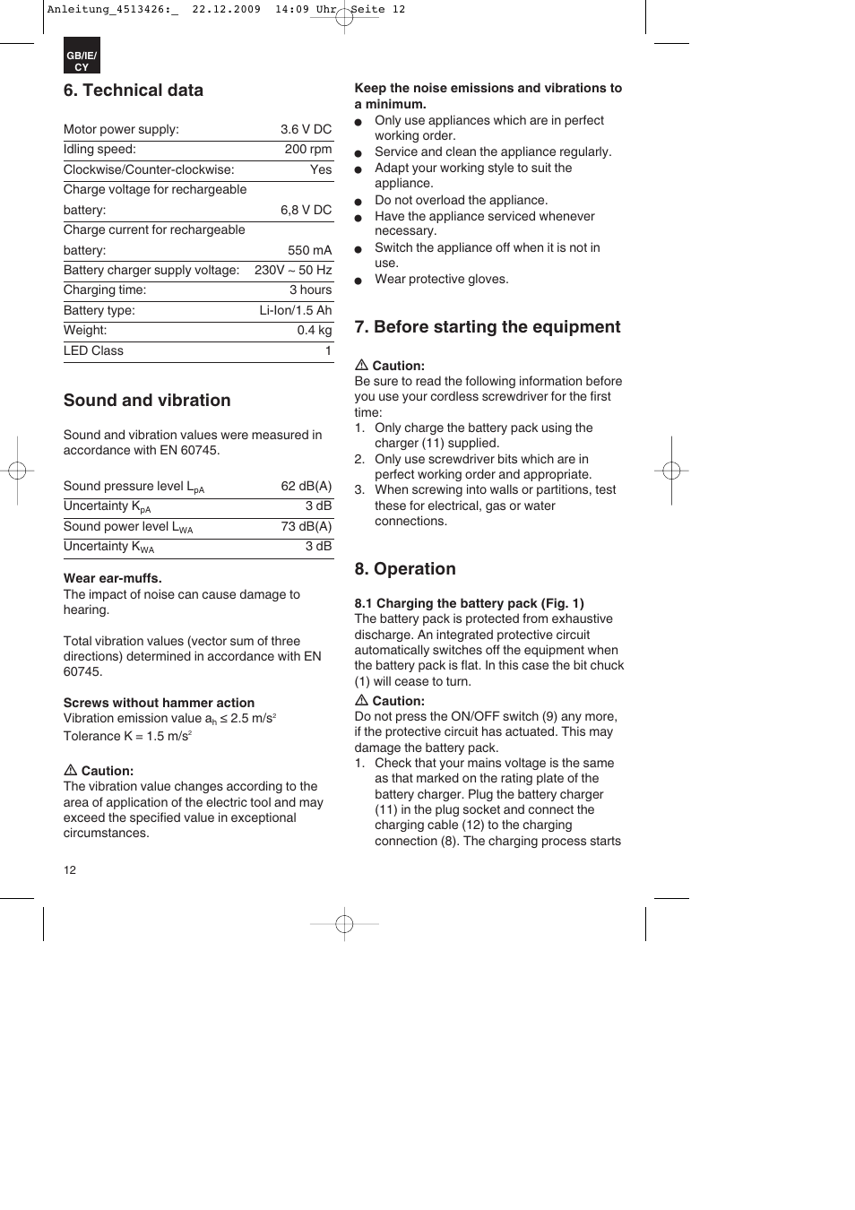 Technical data, Sound and vibration, Before starting the equipment | Operation | Parkside PABSS 3,6 Li User Manual | Page 12 / 20