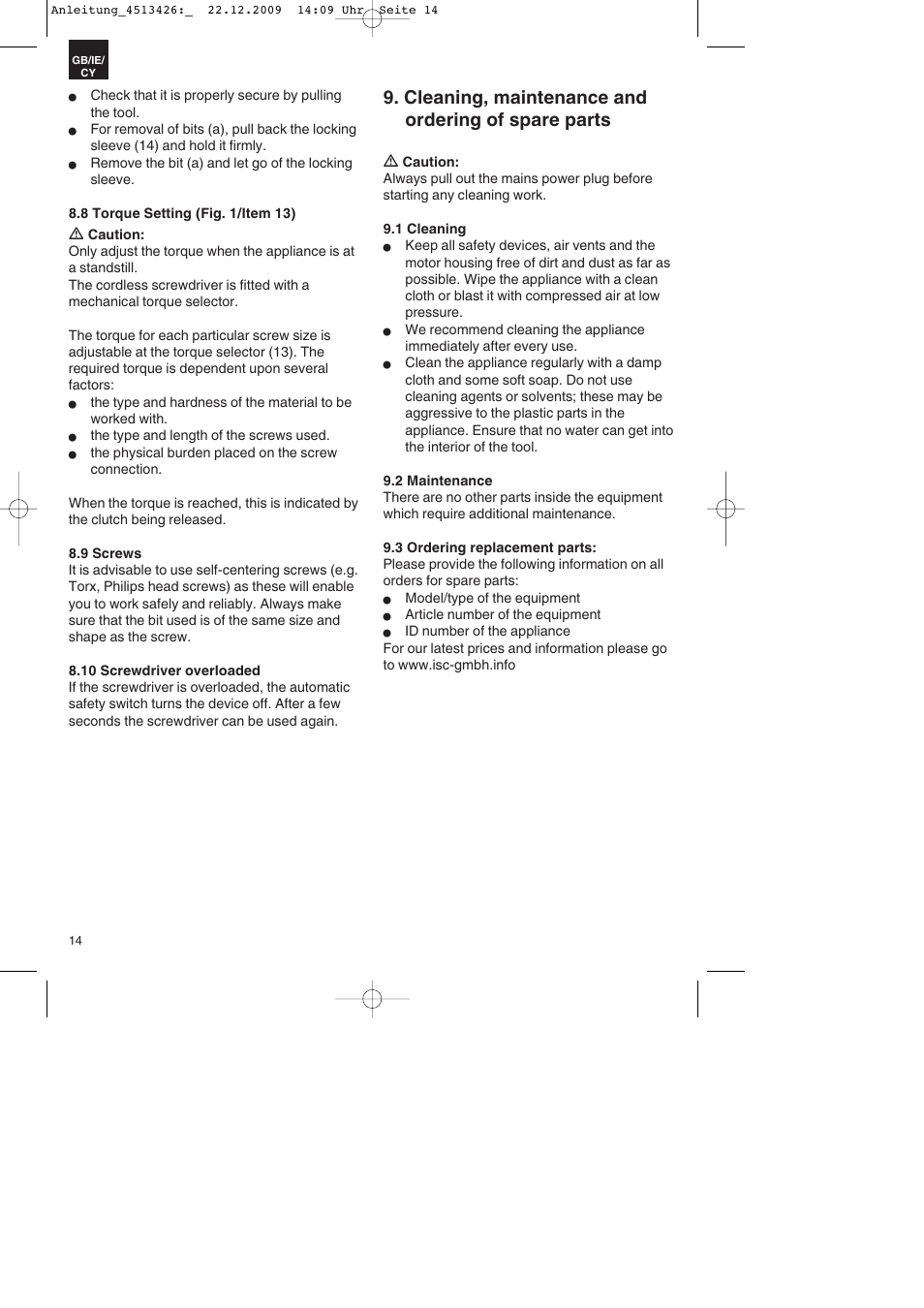 Cleaning, maintenance and ordering of spare parts | Parkside PABSS 3,6 Li User Manual | Page 14 / 20
