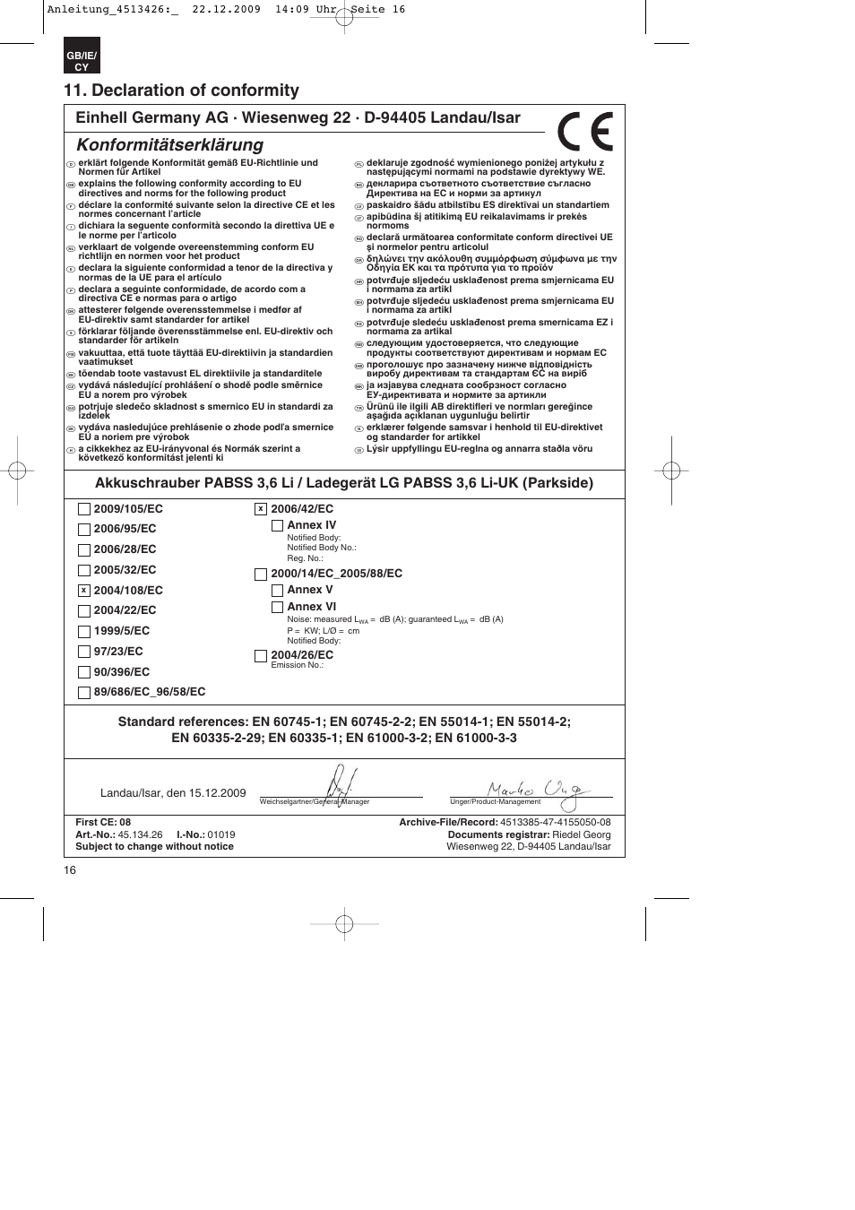 Declaration of conformity, Konformitätserklärung | Parkside PABSS 3,6 Li User Manual | Page 16 / 20