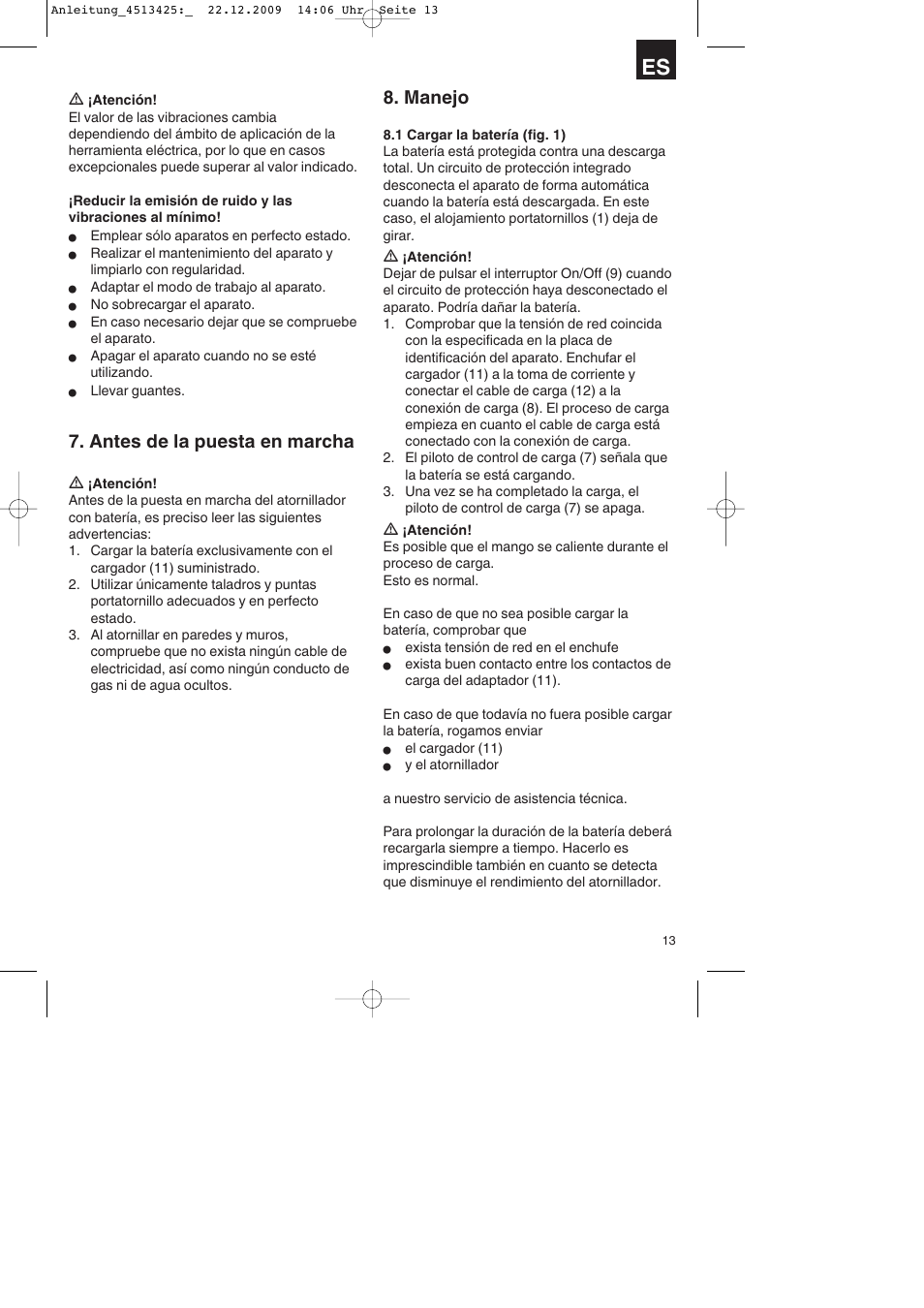 Antes de la puesta en marcha, Manejo | Parkside PABSS 3,6 Li User Manual | Page 13 / 60
