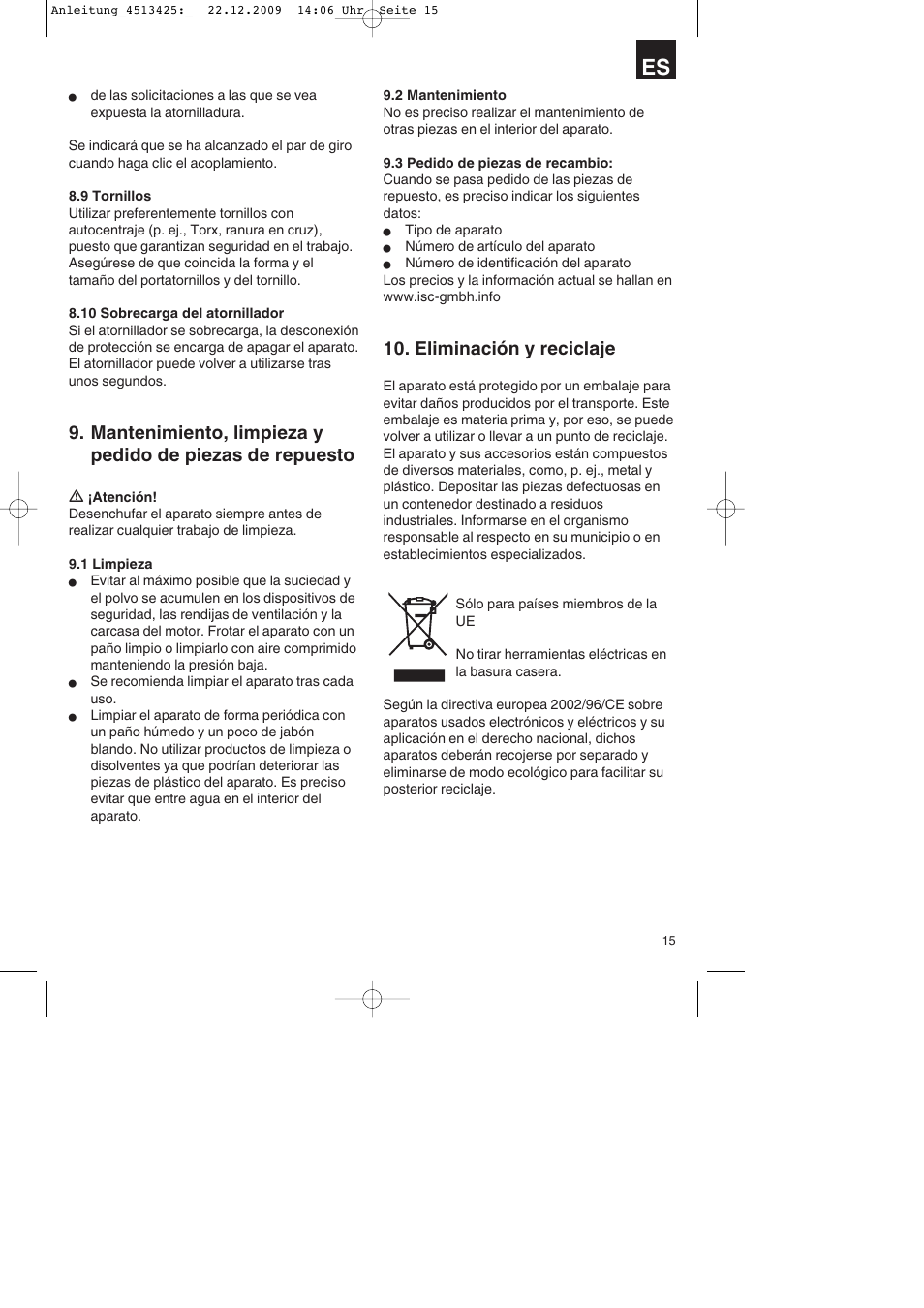 Eliminación y reciclaje | Parkside PABSS 3,6 Li User Manual | Page 15 / 60