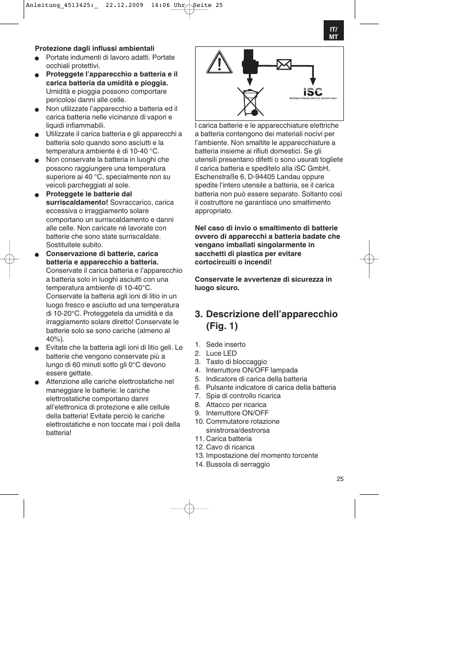 Descrizione dell’apparecchio (fig. 1) | Parkside PABSS 3,6 Li User Manual | Page 25 / 60