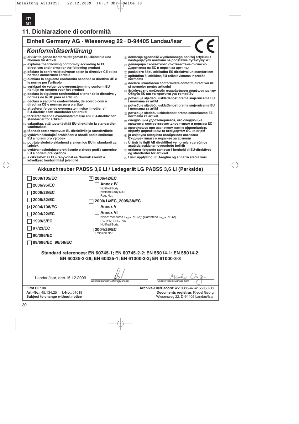 Dichiarazione di conformità, Konformitätserklärung | Parkside PABSS 3,6 Li User Manual | Page 30 / 60