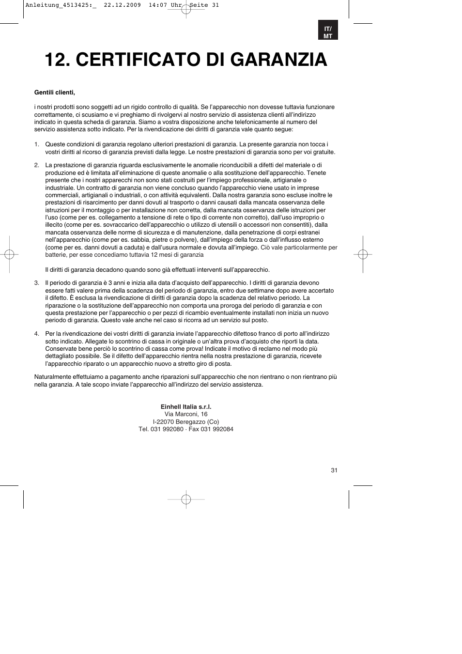 Certificato di garanzia | Parkside PABSS 3,6 Li User Manual | Page 31 / 60