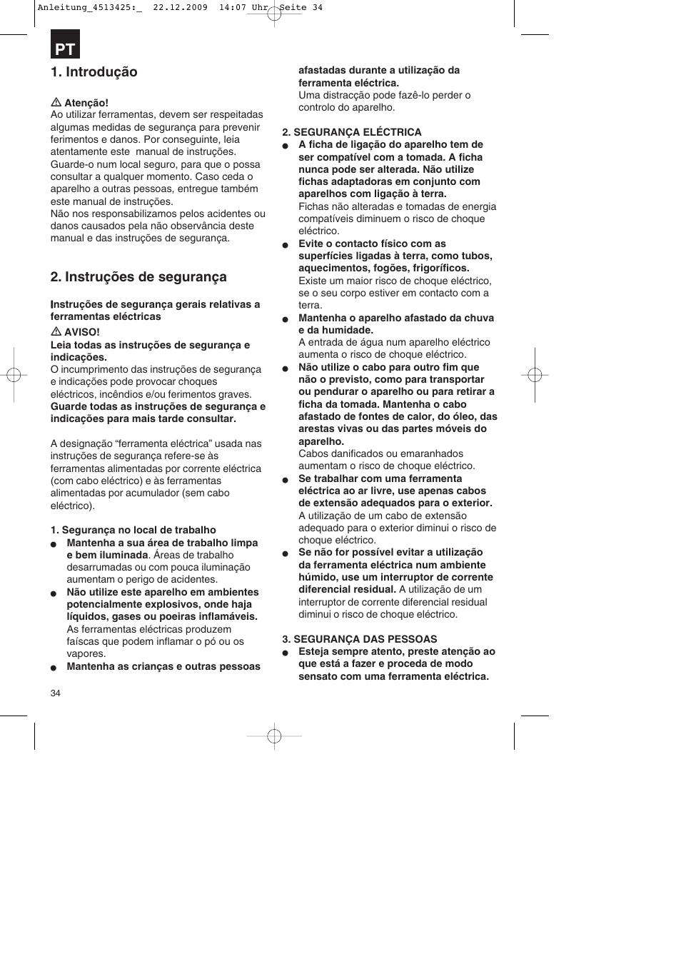Introdução, Instruções de segurança | Parkside PABSS 3,6 Li User Manual | Page 34 / 60