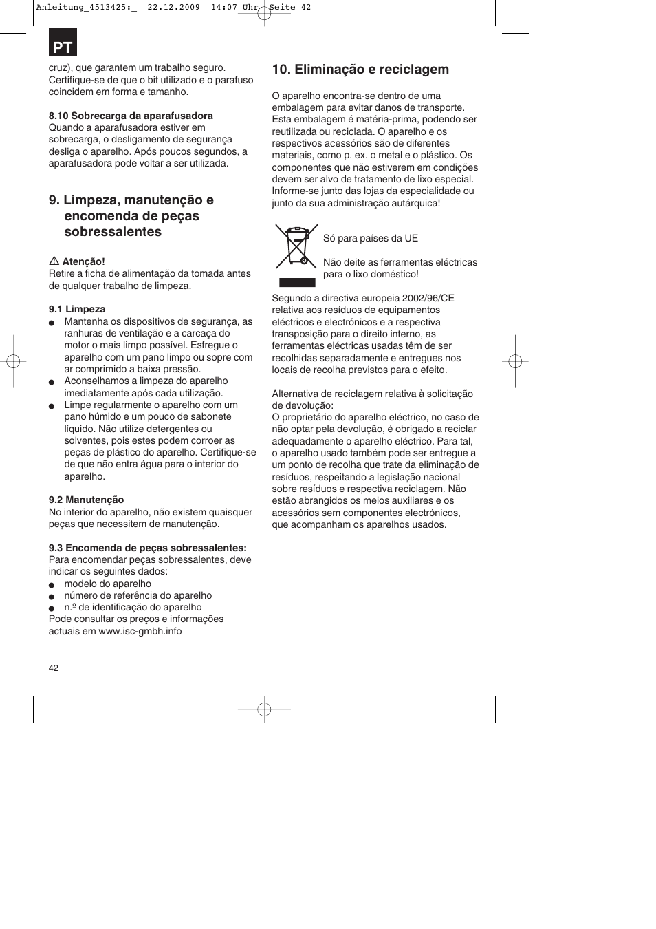 Eliminação e reciclagem | Parkside PABSS 3,6 Li User Manual | Page 42 / 60