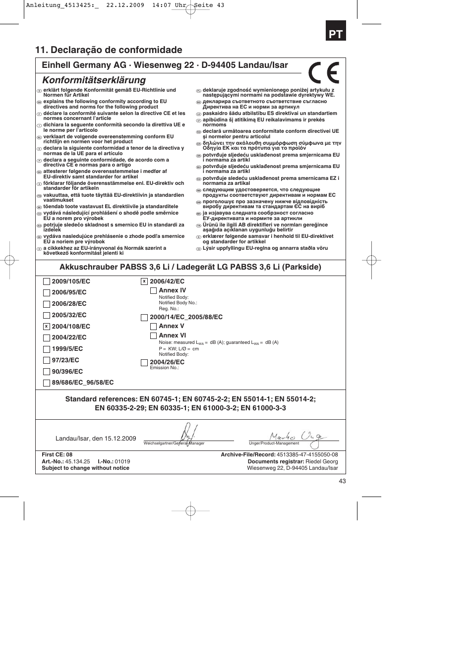 Declaração de conformidade, Konformitätserklärung | Parkside PABSS 3,6 Li User Manual | Page 43 / 60