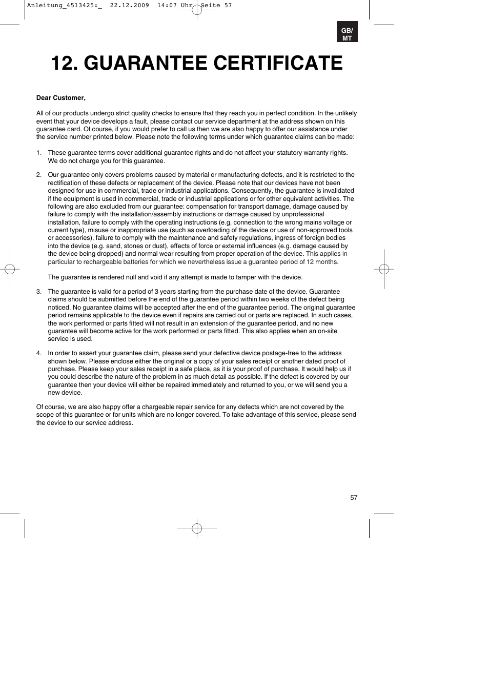 Guarantee certificate | Parkside PABSS 3,6 Li User Manual | Page 57 / 60