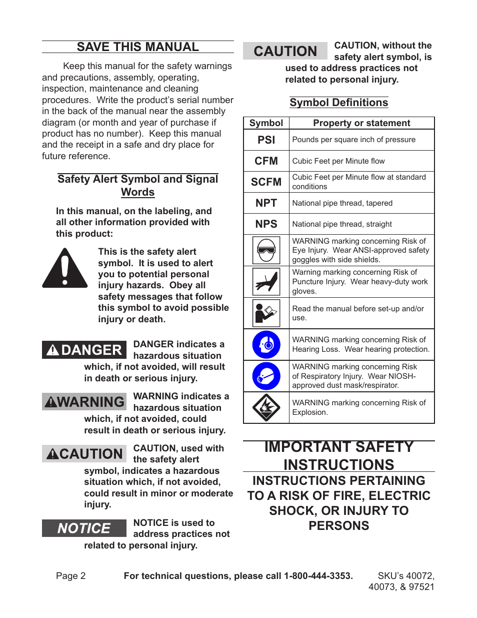 Important safety instructions, Save this manual | Harbor Freight Tools AIR STAPLER 40072 User Manual | Page 2 / 12