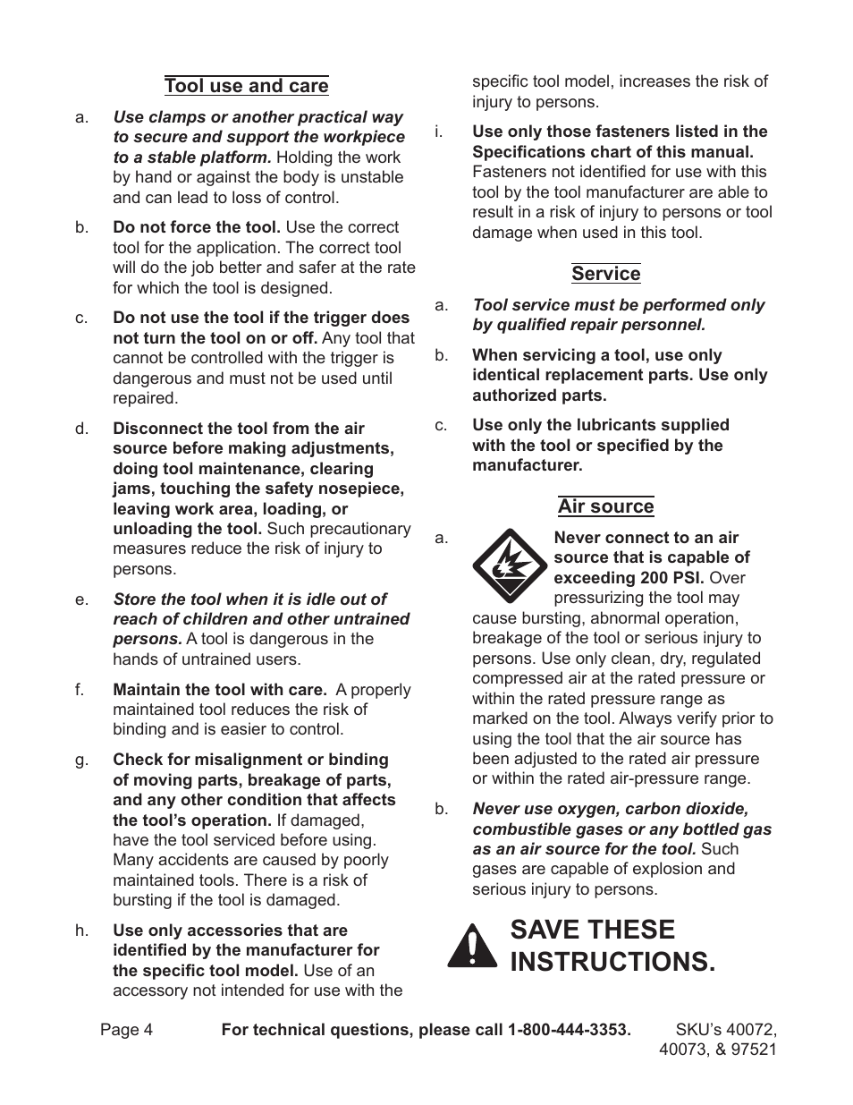 Save these instructions | Harbor Freight Tools AIR STAPLER 40072 User Manual | Page 4 / 12