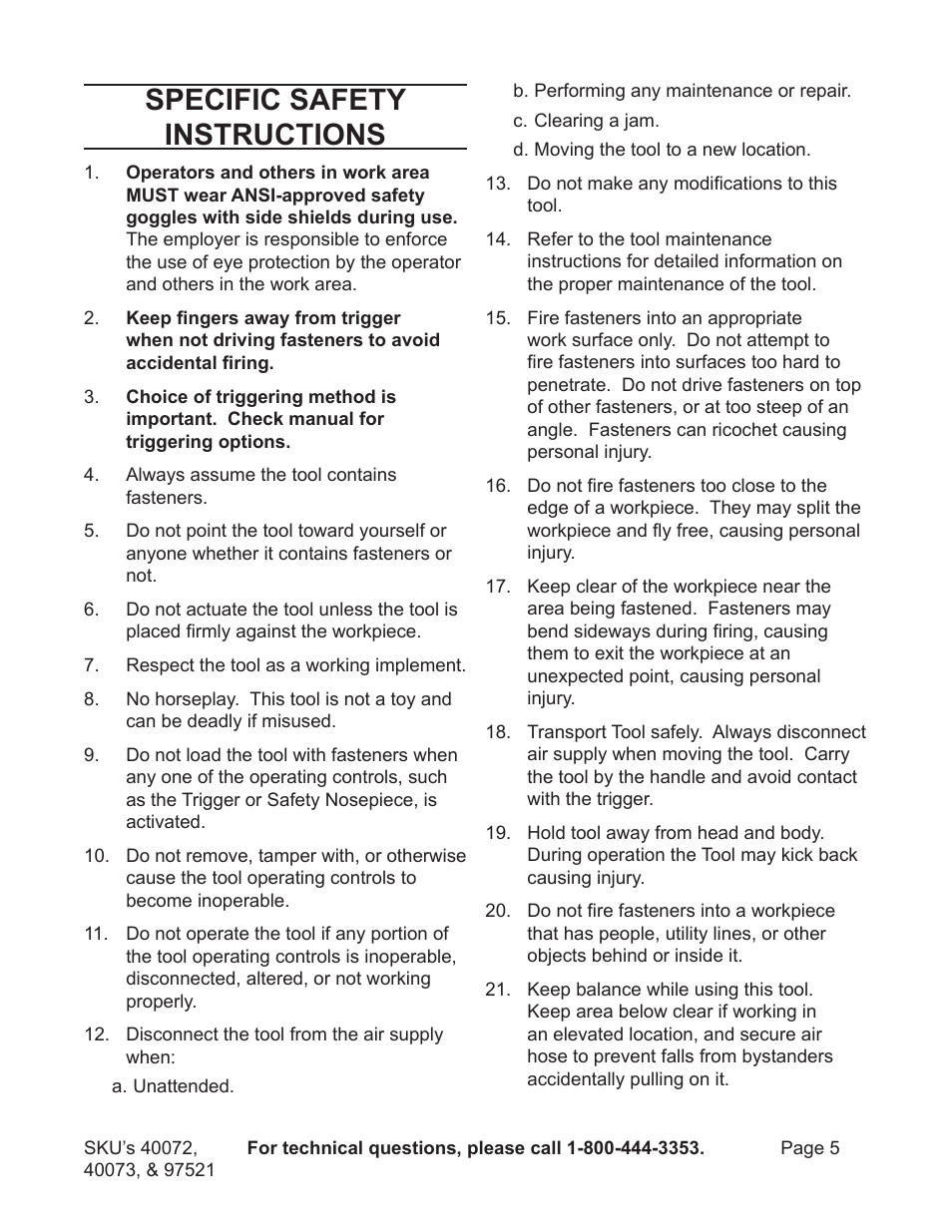 Specific safety instructions | Harbor Freight Tools AIR STAPLER 40072 User Manual | Page 5 / 12