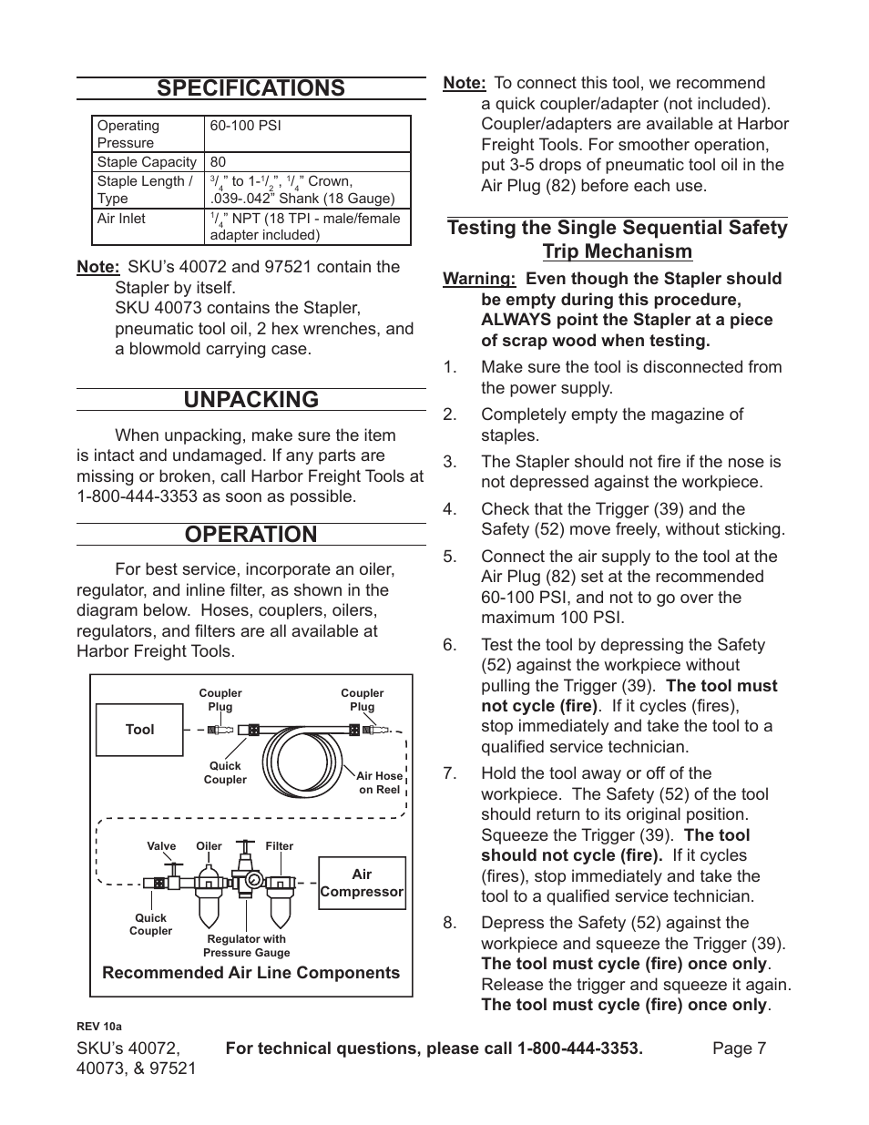 Specifications, Unpacking, Operation | Harbor Freight Tools AIR STAPLER 40072 User Manual | Page 7 / 12