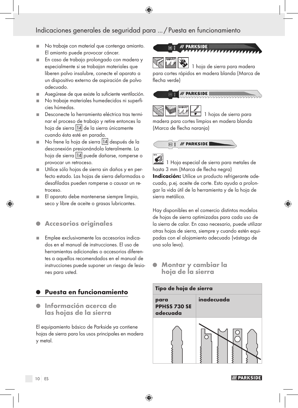 Accesorios originales, Puesta en funcionamiento, Información acerca de las hojas de la sierra | Montar y cambiar la hoja de la sierra | Parkside PPHSS 730 SE User Manual | Page 11 / 55