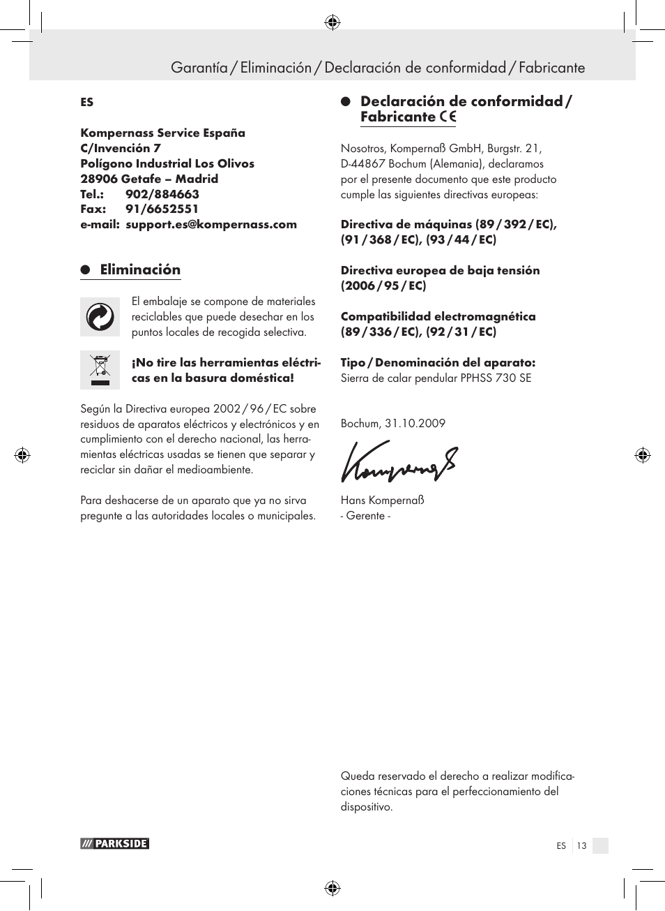 Eliminación, Declaración de conformidad / fabricante | Parkside PPHSS 730 SE User Manual | Page 14 / 55