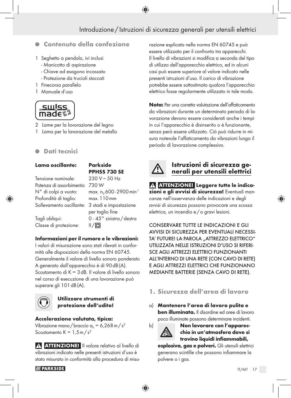 Contenuto della confezione, Dati tecnici, Sicurezza dell’area di lavoro | Parkside PPHSS 730 SE User Manual | Page 18 / 55