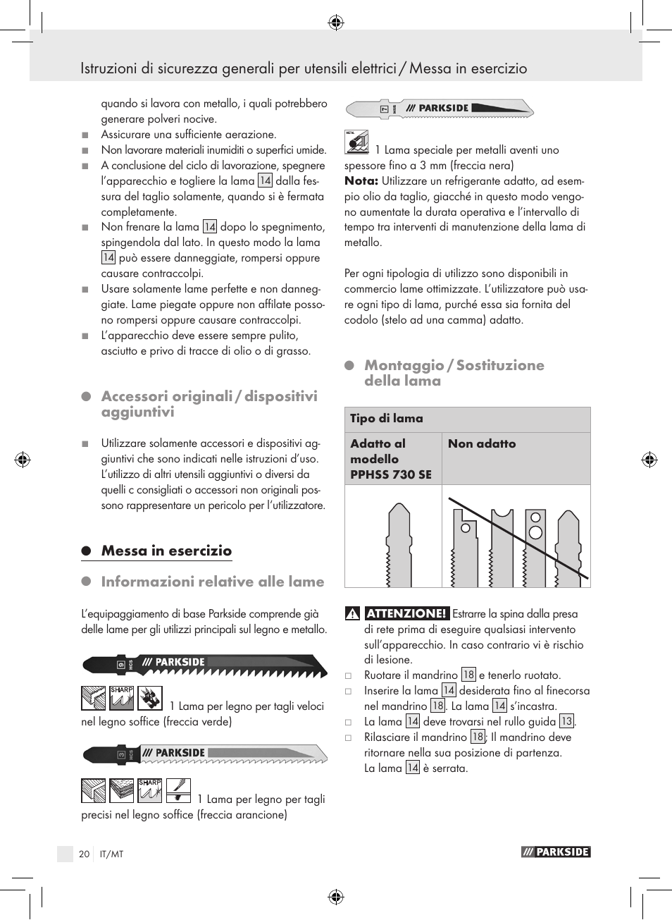 Accessori originali / dispositivi aggiuntivi, Messa in esercizio, Informazioni relative alle lame | Montaggio / sostituzione della lama | Parkside PPHSS 730 SE User Manual | Page 21 / 55