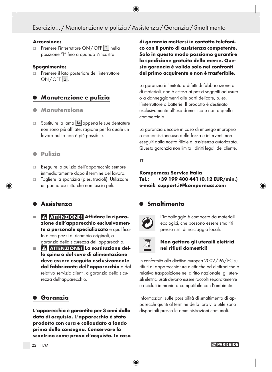 Manutenzione e pulizia, Manutenzione, Pulizia | Assistenza, Garanzia, Smaltimento | Parkside PPHSS 730 SE User Manual | Page 23 / 55