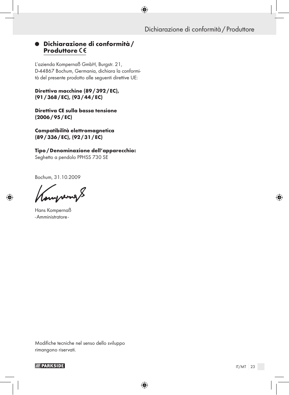 Dichiarazione di conformità / produttore | Parkside PPHSS 730 SE User Manual | Page 24 / 55