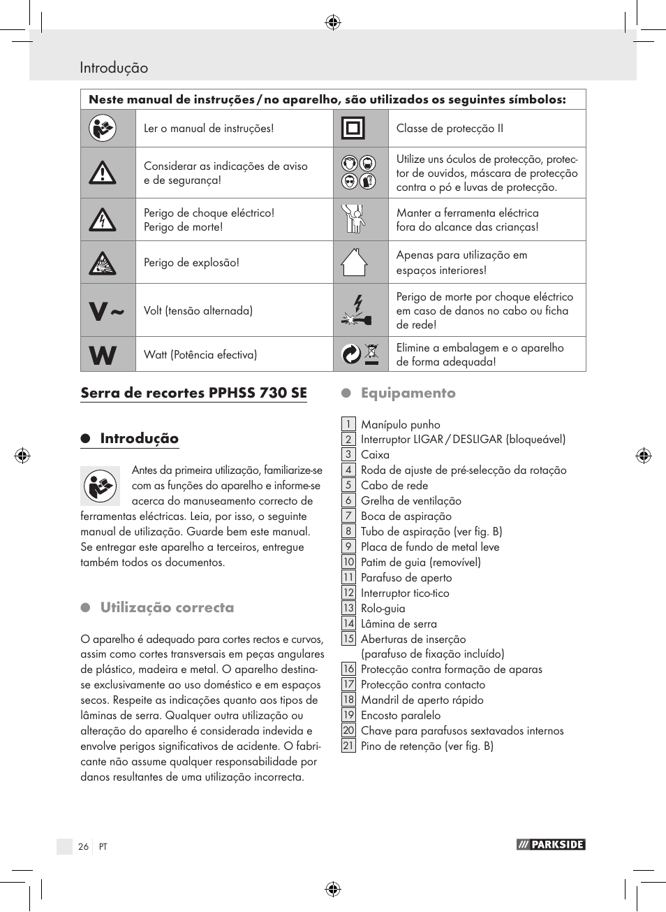 Introdução, Serra de recortes pphss 730 se, Utilização correcta | Equipamento | Parkside PPHSS 730 SE User Manual | Page 27 / 55
