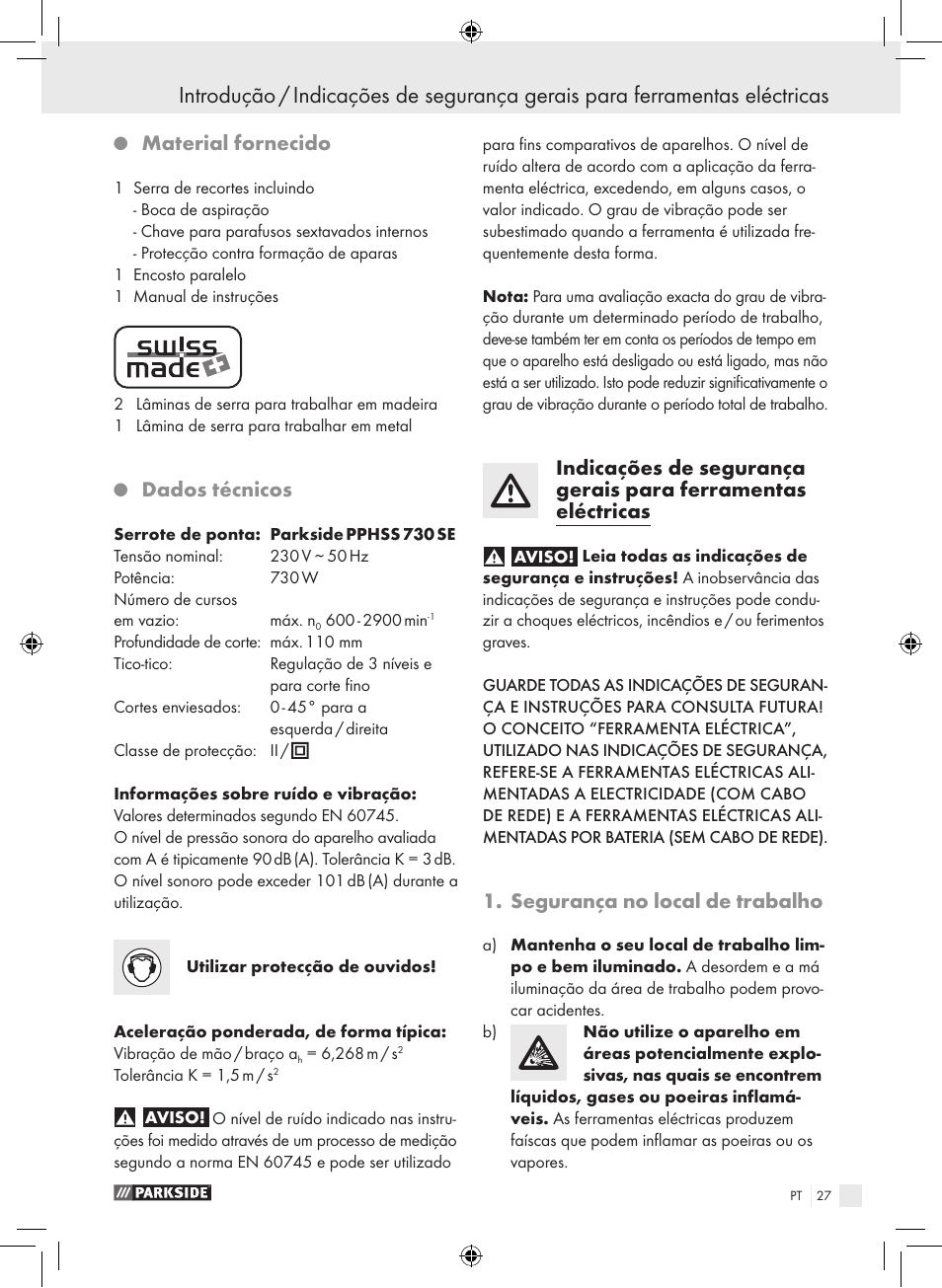 Material fornecido, Dados técnicos, Segurança no local de trabalho | Parkside PPHSS 730 SE User Manual | Page 28 / 55