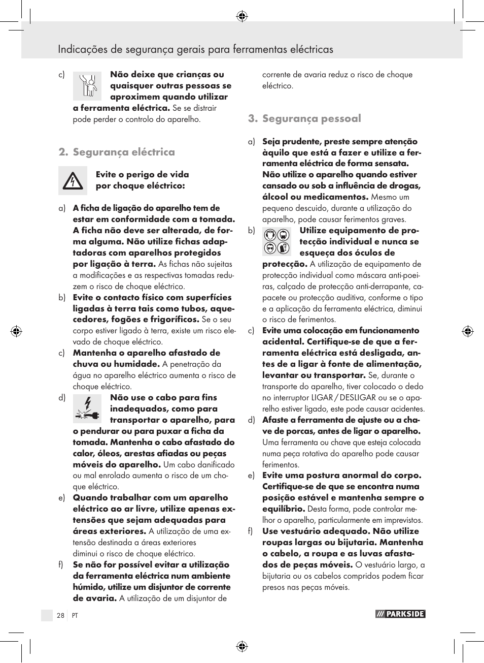 Segurança eléctrica, Segurança pessoal | Parkside PPHSS 730 SE User Manual | Page 29 / 55