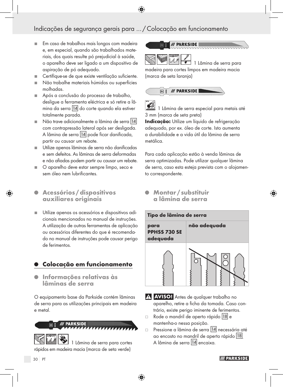 Acessórios / dispositivos auxiliares originais, Colocação em funcionamento, Informações relativas às lâminas de serra | Montar / substituir a lâmina de serra | Parkside PPHSS 730 SE User Manual | Page 31 / 55