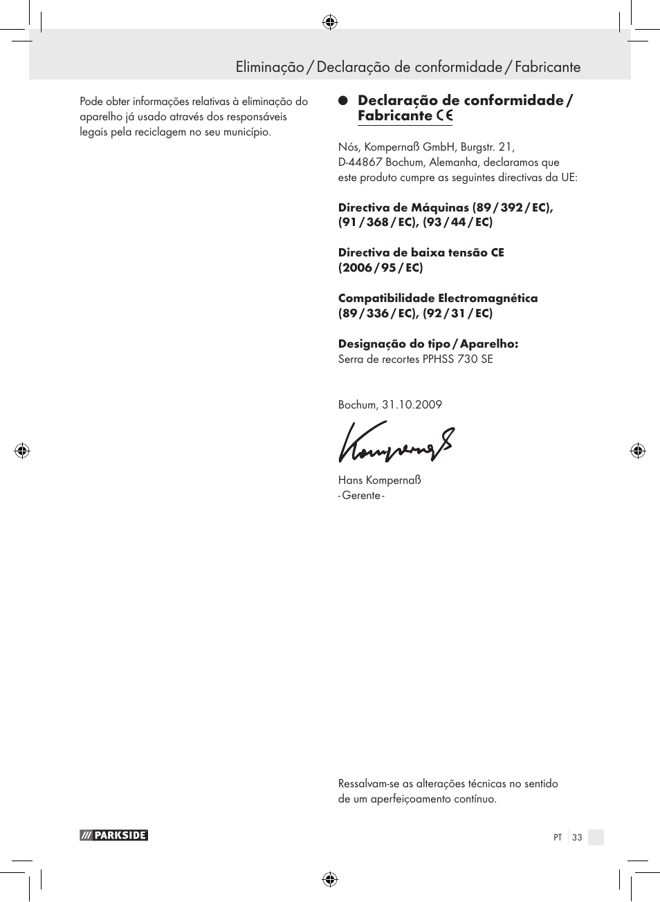 Declaração de conformidade / fabricante | Parkside PPHSS 730 SE User Manual | Page 34 / 55