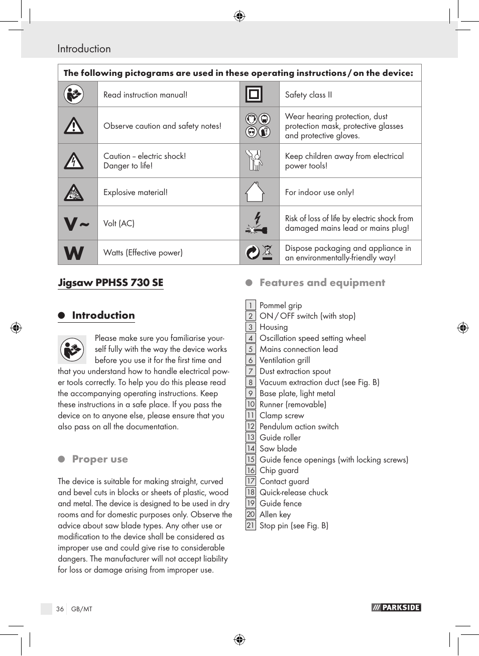 Introduction, Jigsaw pphss 730 se, Proper use | Features and equipment | Parkside PPHSS 730 SE User Manual | Page 37 / 55