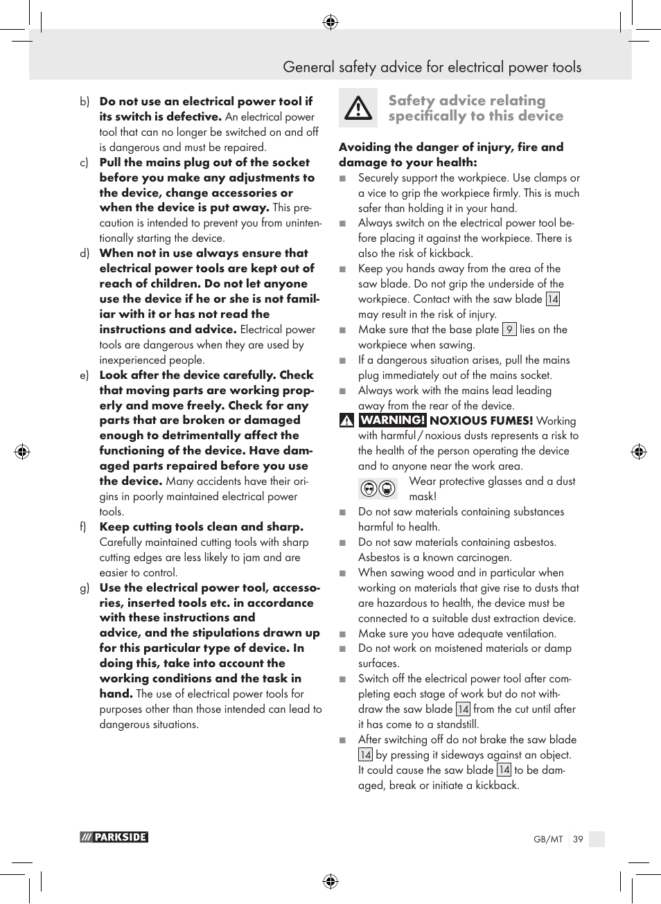 General safety advice for electrical power tools, Safety advice relating specifically to this device | Parkside PPHSS 730 SE User Manual | Page 40 / 55